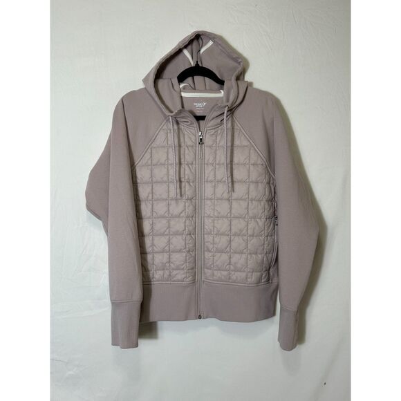 Old Navy Women's Dynamic Fleece Mixed Media Jacket Mauve SZ L Hooded Thumb Holes - Picture 1 of 4